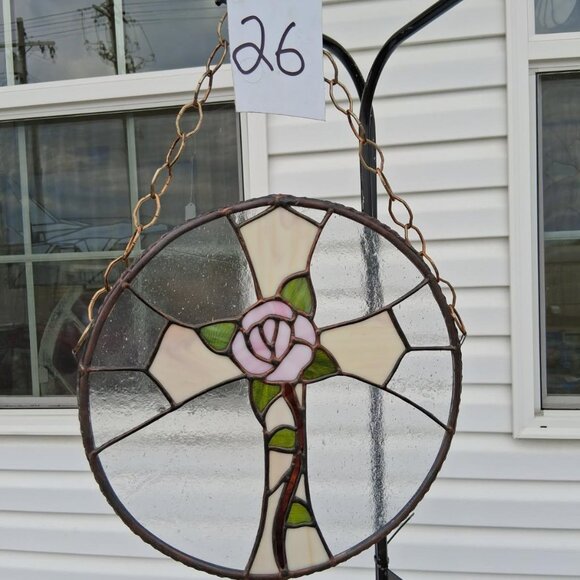Stained glass cross with center rose sun catcher - Picture 1 of 2